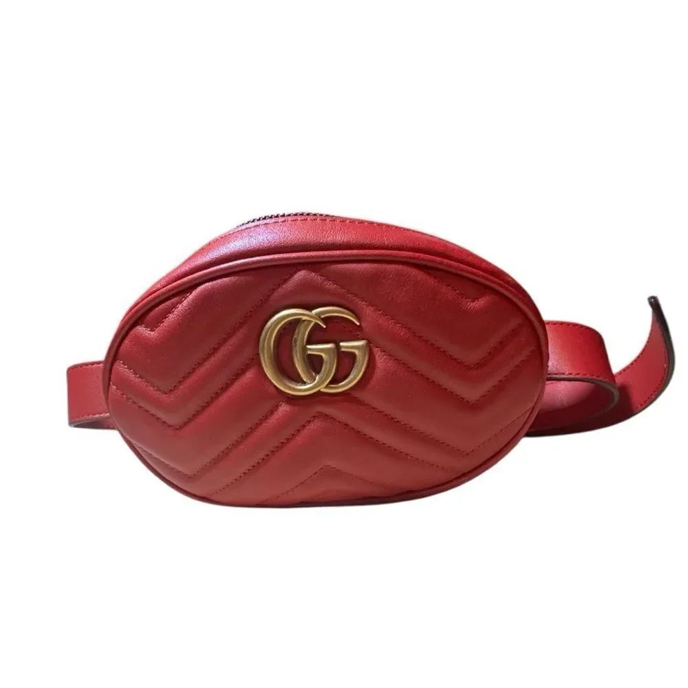 Gucci Red Chevron Quilted Matelasse Leather GG Marmont Waist Belt Bag Auth - Picture 2 of 16